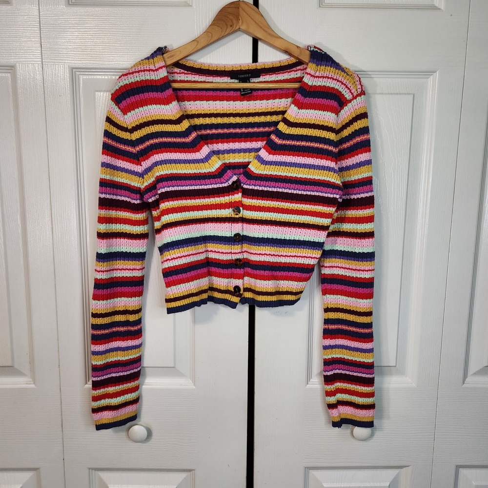 Forever 21 Womens Large Cropped Striped Cardigan Multi Color V-Neck Ribbed Knit